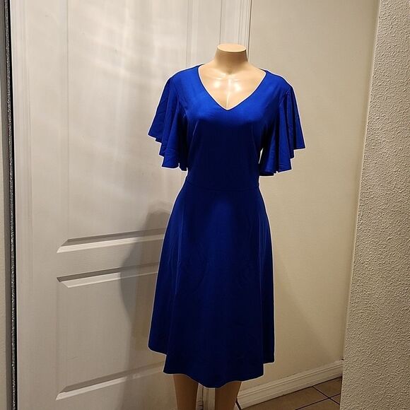 BRIDESMAY FIT AND FLARE V-NECK RUFFLE SLEEVE WOMEN'S DRESS - Picture 4 of 11